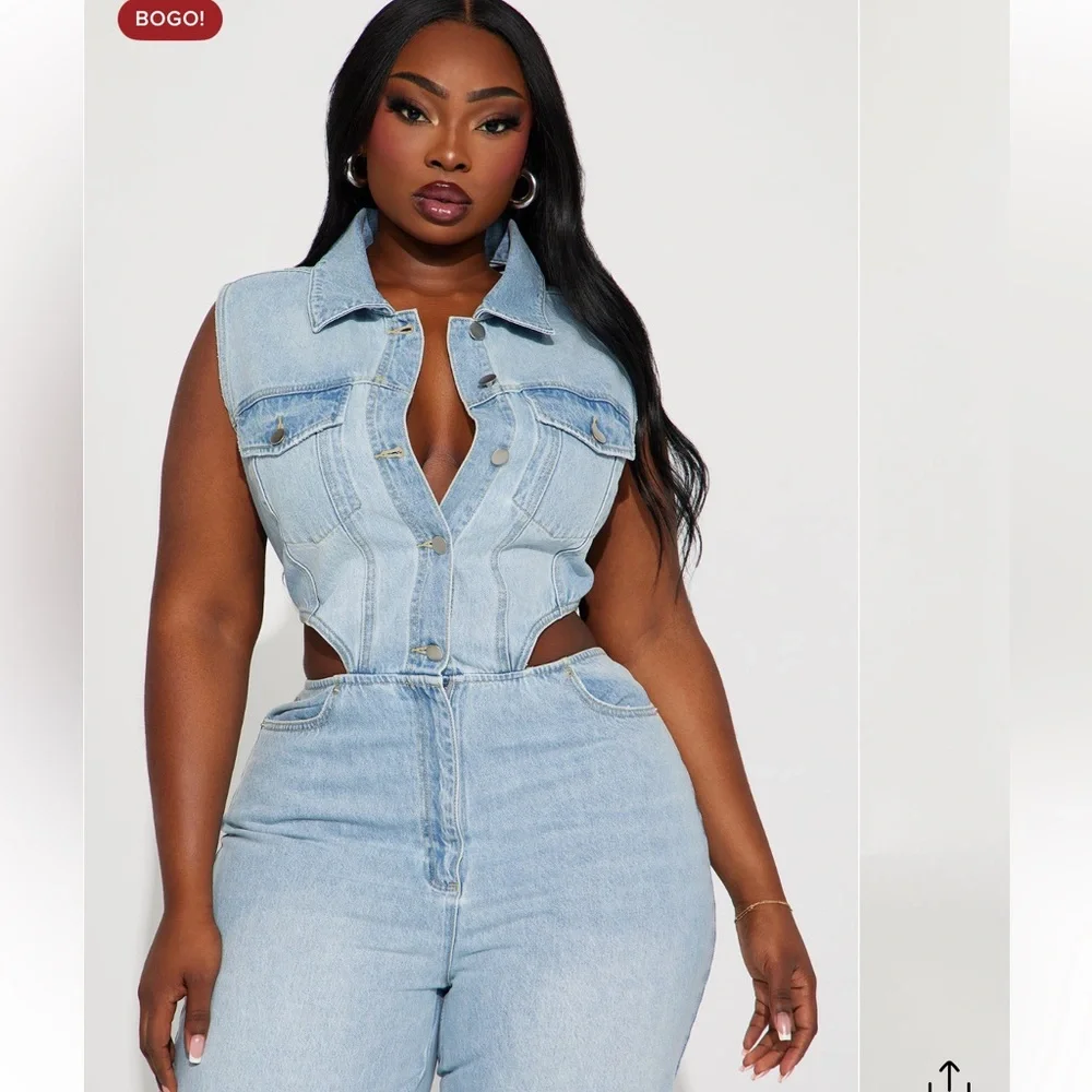 Fashion Nova Baylin Cutout Denim Jumpsuit – Size L – NWT - Picture 10 of 13